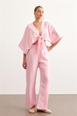 Kadın Müslin Bağlamalı Bluz PEMBE