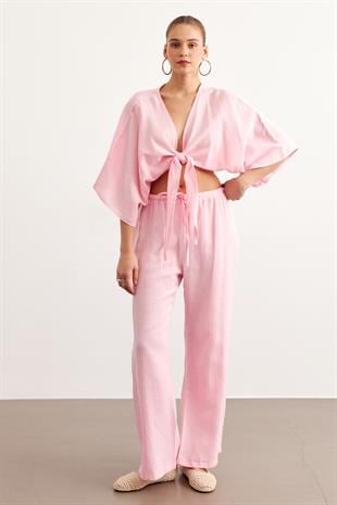 Kadın Müslin Bağlamalı Bluz PEMBE