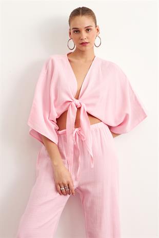 Kadın Müslin Bağlamalı Bluz PEMBE