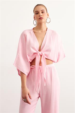 Kadın Müslin Bağlamalı Bluz PEMBE