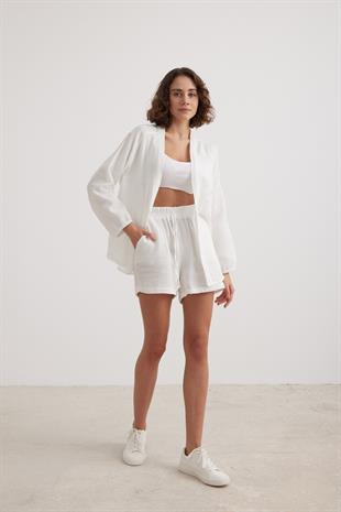 Kadın Müslin Beli Lastikli Şort EKRU