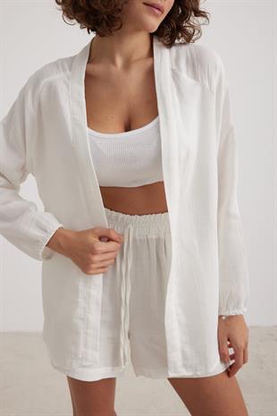 Kadın Müslin Beli Lastikli Şort EKRU