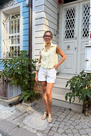 Kadın Müslin Beli Lastikli Şort EKRU