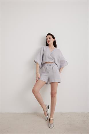 Kadın Müslin Beli Lastikli Şort GRİ
