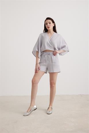 Kadın Müslin Beli Lastikli Şort GRİ