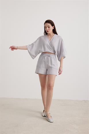 Kadın Müslin Beli Lastikli Şort GRİ