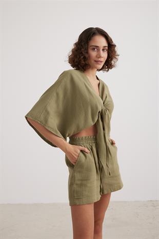 Kadın Müslin Beli Lastikli Şort HAKİ