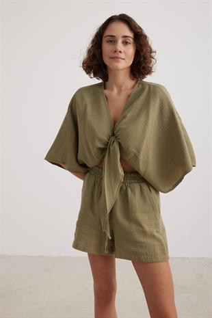 Kadın Müslin Beli Lastikli Şort HAKİ