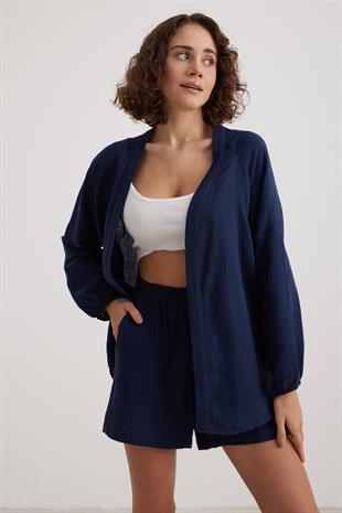 Kadın Müslin Beli Lastikli Şort LACİVERT