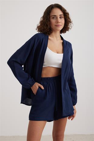 Kadın Müslin Beli Lastikli Şort LACİVERT