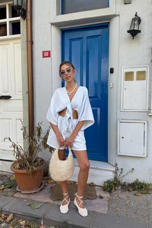 Kadın Müslin Çizgili Bağlamalı Bluz MAVİ