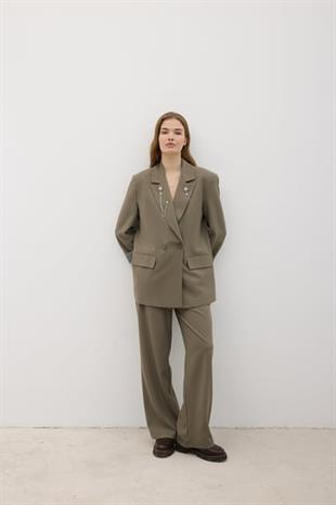 Kadın Omzu Vatkalı Düğmeli Blazer Ceket HAKİ