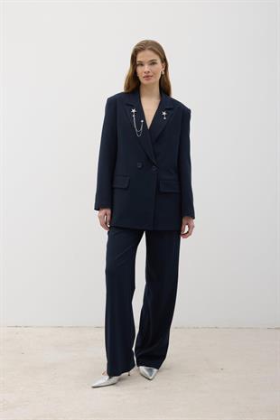 Kadın Omzu Vatkalı Düğmeli Blazer Ceket LACİVERT