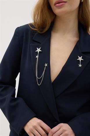 Kadın Omzu Vatkalı Düğmeli Blazer Ceket LACİVERT