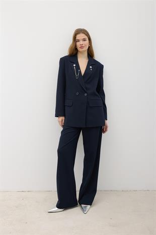 Kadın Omzu Vatkalı Düğmeli Blazer Ceket LACİVERT