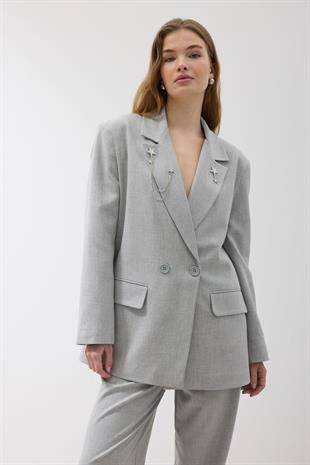 Kadın Omzu Vatkalı Düğmeli Blazer Ceket GRİ