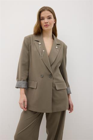 Kadın Omzu Vatkalı Düğmeli Blazer Ceket HAKİ