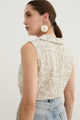 Kadın Önden Bağlamalı Desenli Gömlek GRİ