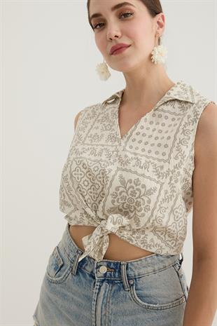 Kadın Önden Bağlamalı Desenli Gömlek GRİ