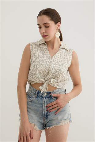 Kadın Önden Bağlamalı Desenli Gömlek GRİ