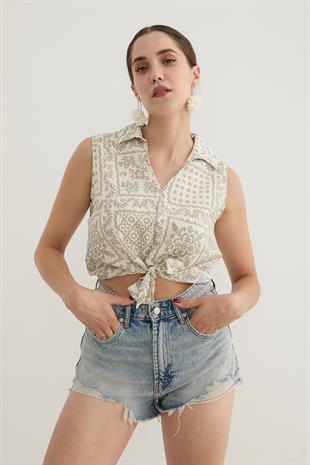 Kadın Önden Bağlamalı Desenli Gömlek GRİ