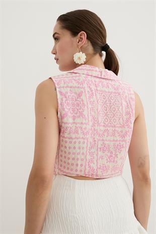 Kadın Önden Bağlamalı Desenli Gömlek PEMBE