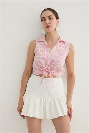 Kadın Önden Bağlamalı Desenli Gömlek PEMBE