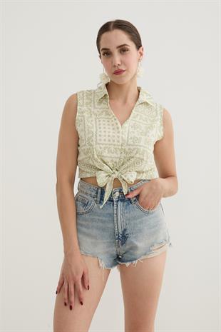 Kadın Önden Bağlamalı Desenli Gömlek YEŞİL