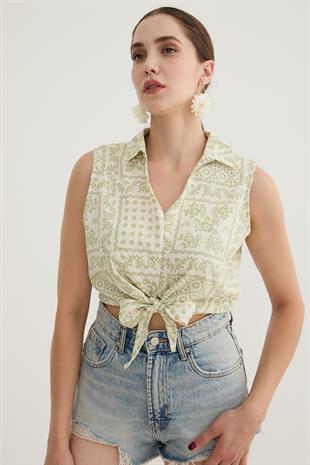 Kadın Önden Bağlamalı Desenli Gömlek YEŞİL