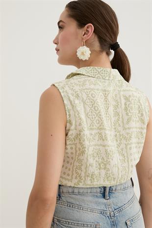 Kadın Önden Bağlamalı Desenli Gömlek YEŞİL