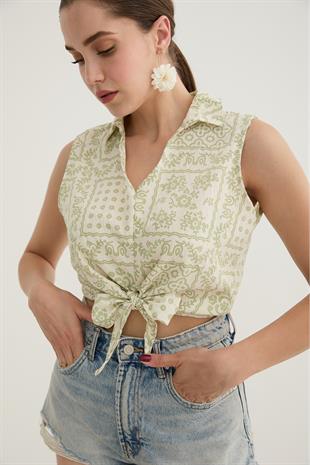 Kadın Önden Bağlamalı Desenli Gömlek YEŞİL