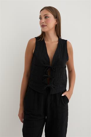 Kadın Önden Bağlamalı Desenli Kapitone Yelek SİYAH