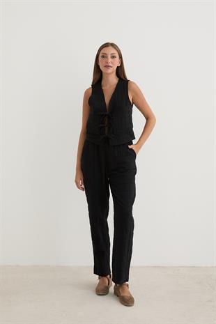 Kadın Önden Bağlamalı Desenli Kapitone Yelek SİYAH