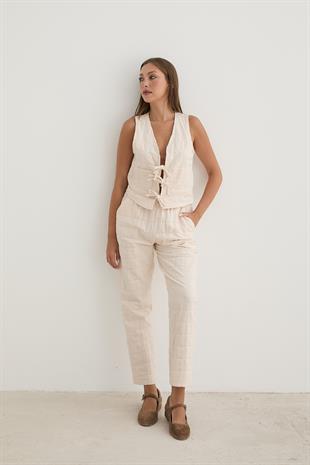 Kadın Önden Bağlamalı Desenli Kapitone Yelek TAŞ