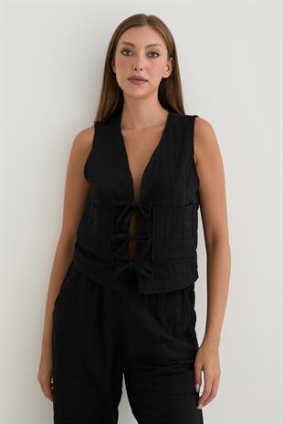 Kadın Önden Bağlamalı Desenli Kapitone Yelek SİYAH