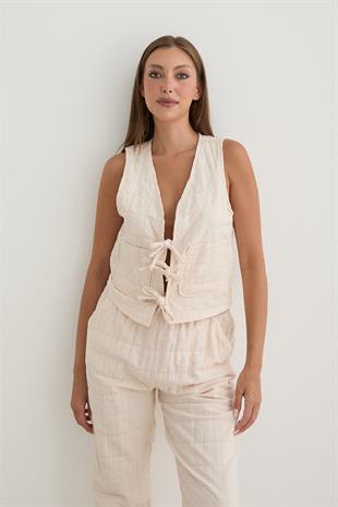 Kadın Önden Bağlamalı Desenli Kapitone Yelek TAŞ