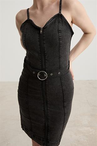 Womens Front Zippered Dress with Belted Waist STONE WASH
