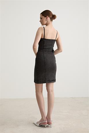 Womens Front Zippered Dress with Belted Waist STONE WASH