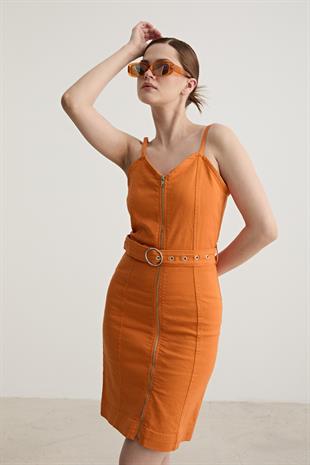 Womens Front Zip Belted Dress ORANGE