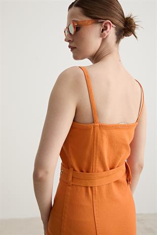 Womens Front Zip Belted Dress ORANGE