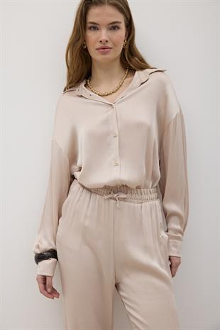 Kadın Önü Düğmeli Oversize Saten Gömlek TAŞ