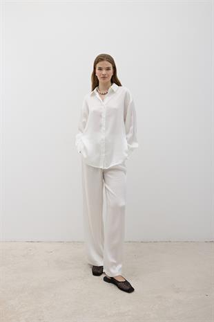 Kadın Önü Düğmeli Oversize Saten Gömlek EKRU