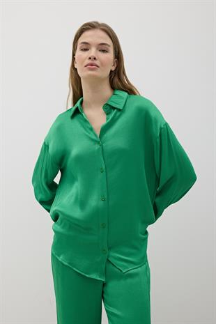 Kadın Önü Düğmeli Oversize Saten Gömlek YEŞİL
