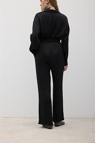 Kadın Önü Düğmeli Oversize Saten Gömlek SİYAH