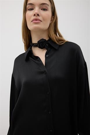 Kadın Önü Düğmeli Oversize Saten Gömlek SİYAH