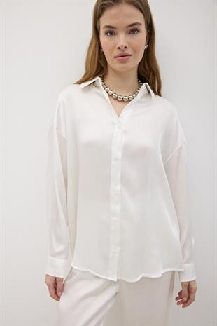 Kadın Önü Düğmeli Oversize Saten Gömlek EKRU