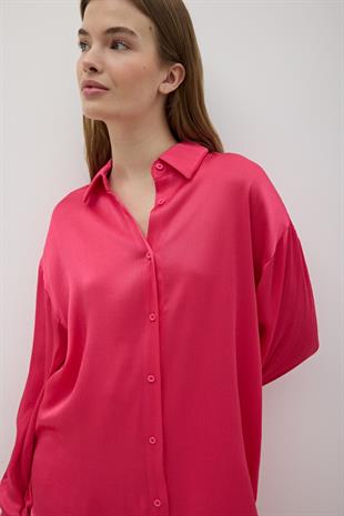 Kadın Önü Düğmeli Oversize Saten Gömlek FUŞYA