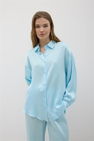 Kadın Önü Düğmeli Oversize Saten Gömlek BEBE MAVİ