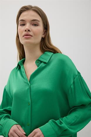 Kadın Önü Düğmeli Oversize Saten Gömlek YEŞİL