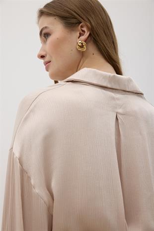 Kadın Önü Düğmeli Oversize Saten Gömlek TAŞ